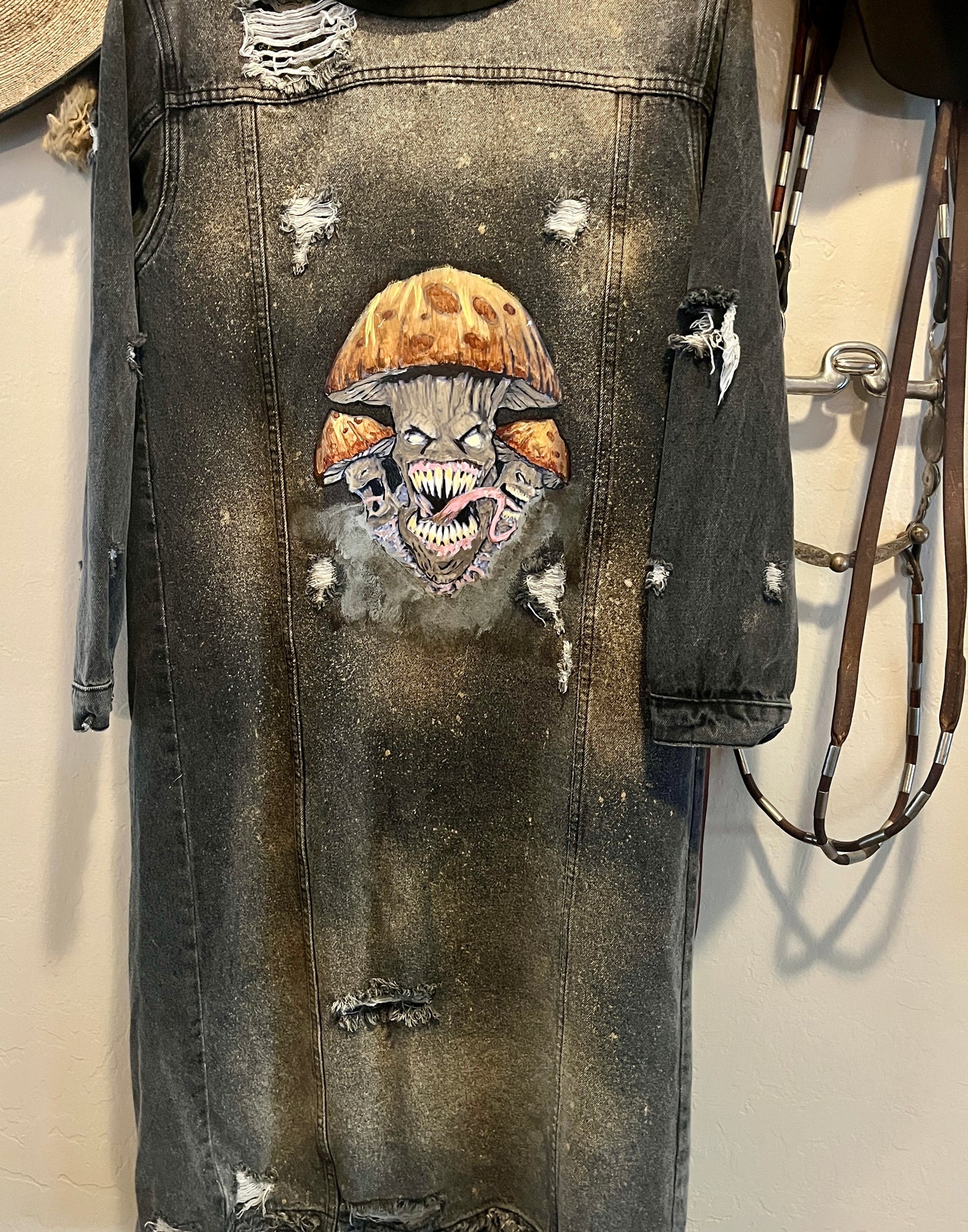 Mushroom Madness Black Denim Duster