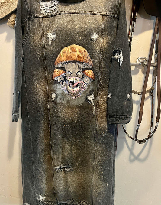 Mushroom Madness Black Denim Duster